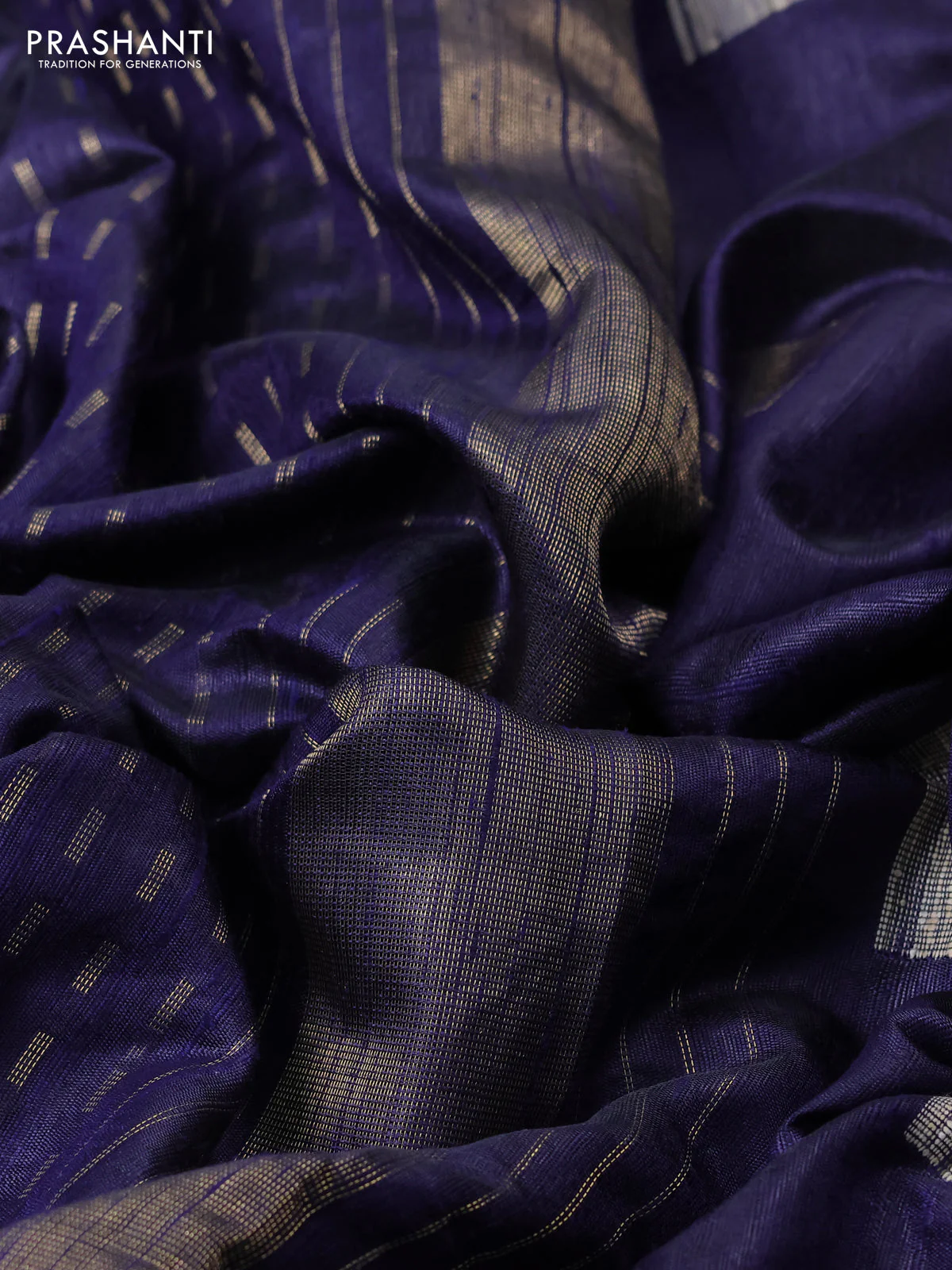 Pure dupion silk saree navy blue with allover zari woven butta weaves and zari woven floral embroidery border - Image 3