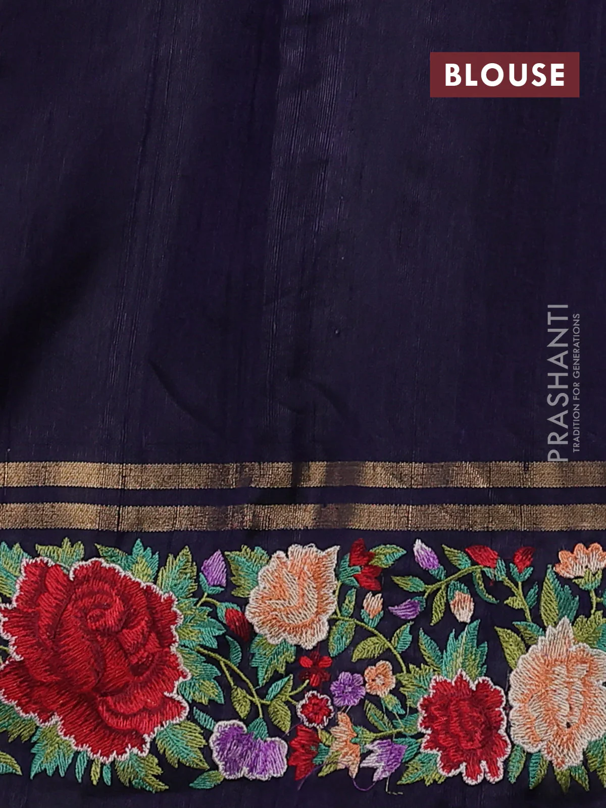 Pure dupion silk saree navy blue with allover zari woven butta weaves and zari woven floral embroidery border - Image 4