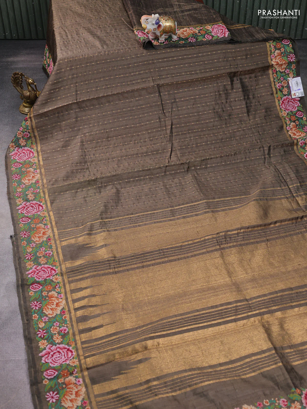 Pure dupion silk saree olive green shade with allover zari weaves and zari woven embroidery border - Image 2