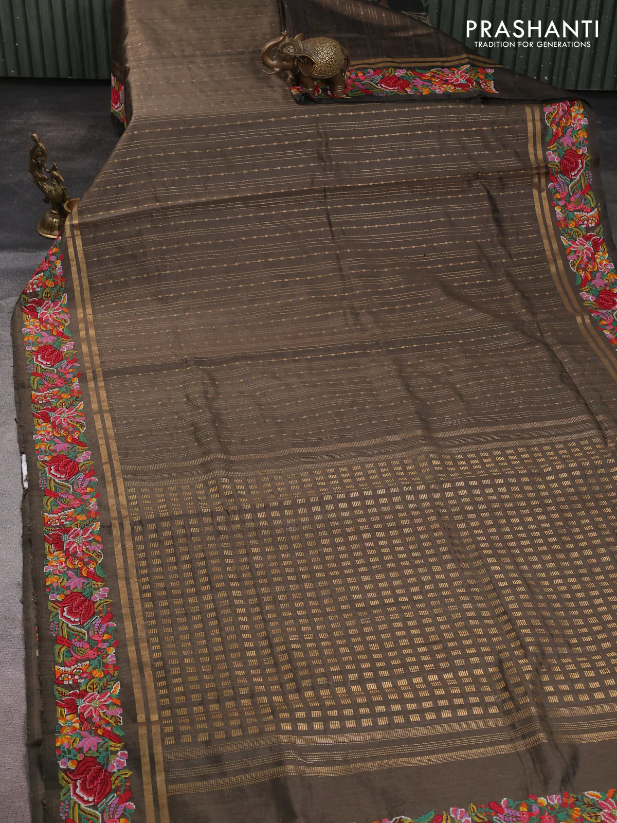 Pure dupion silk saree olive green with allover zari weaves and zari woven embroidery border - Image 2