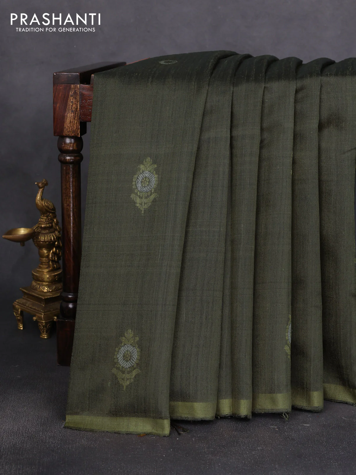Pure dupion silk saree olive green with thread & zari floral buttas and zari woven border
