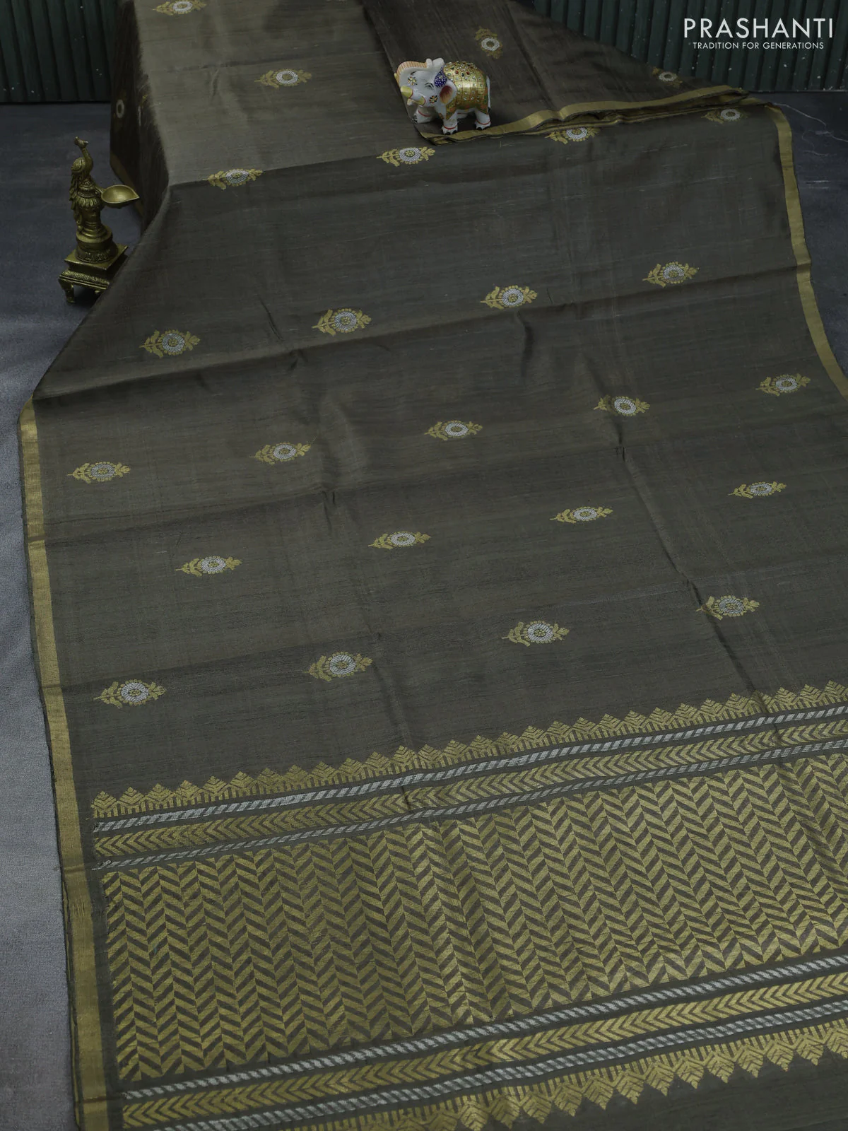 Pure dupion silk saree olive green with thread & zari floral buttas and zari woven border - Image 2