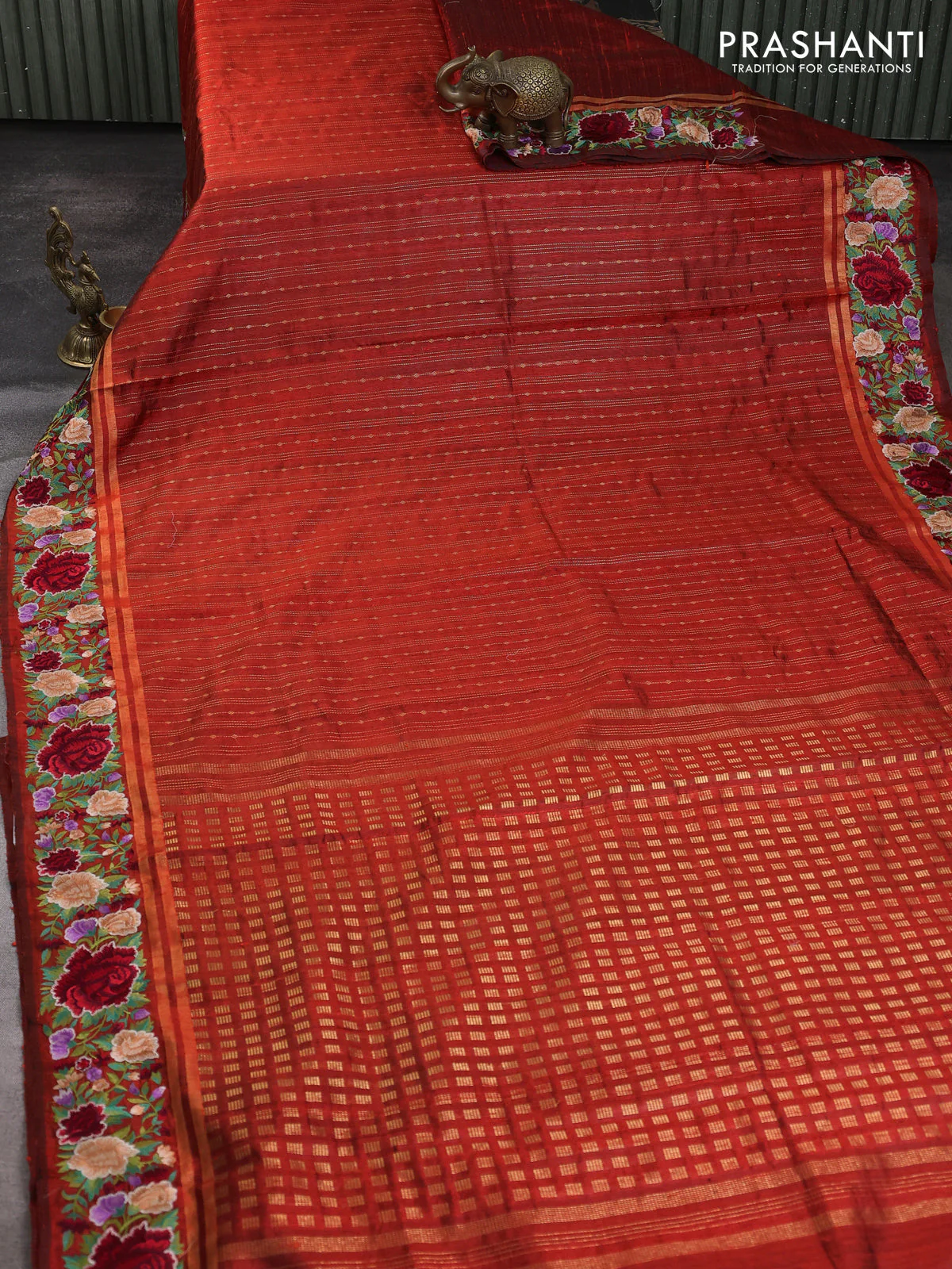 Pure dupion silk saree orange with allover zari weaves and zari woven floral embroidery border - Image 2