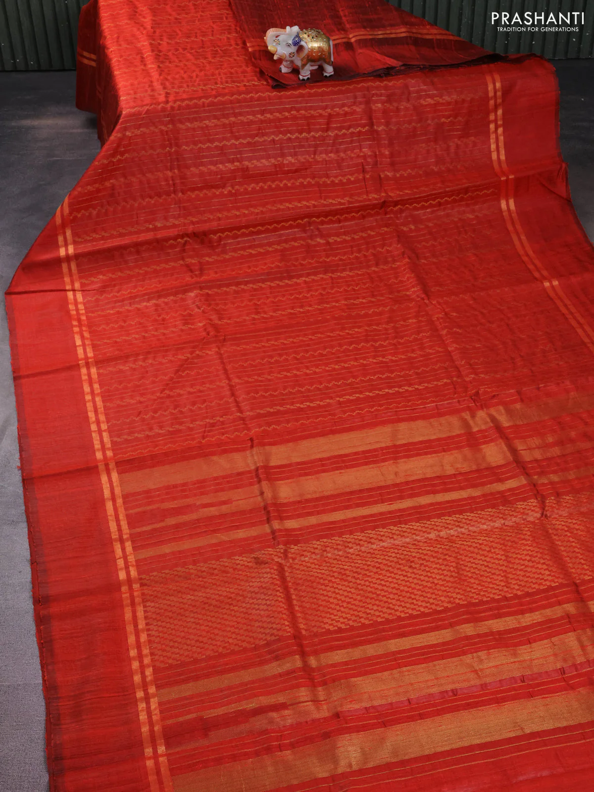 Pure dupion silk saree orange with allover zari weaves and zari woven simple border - Image 2