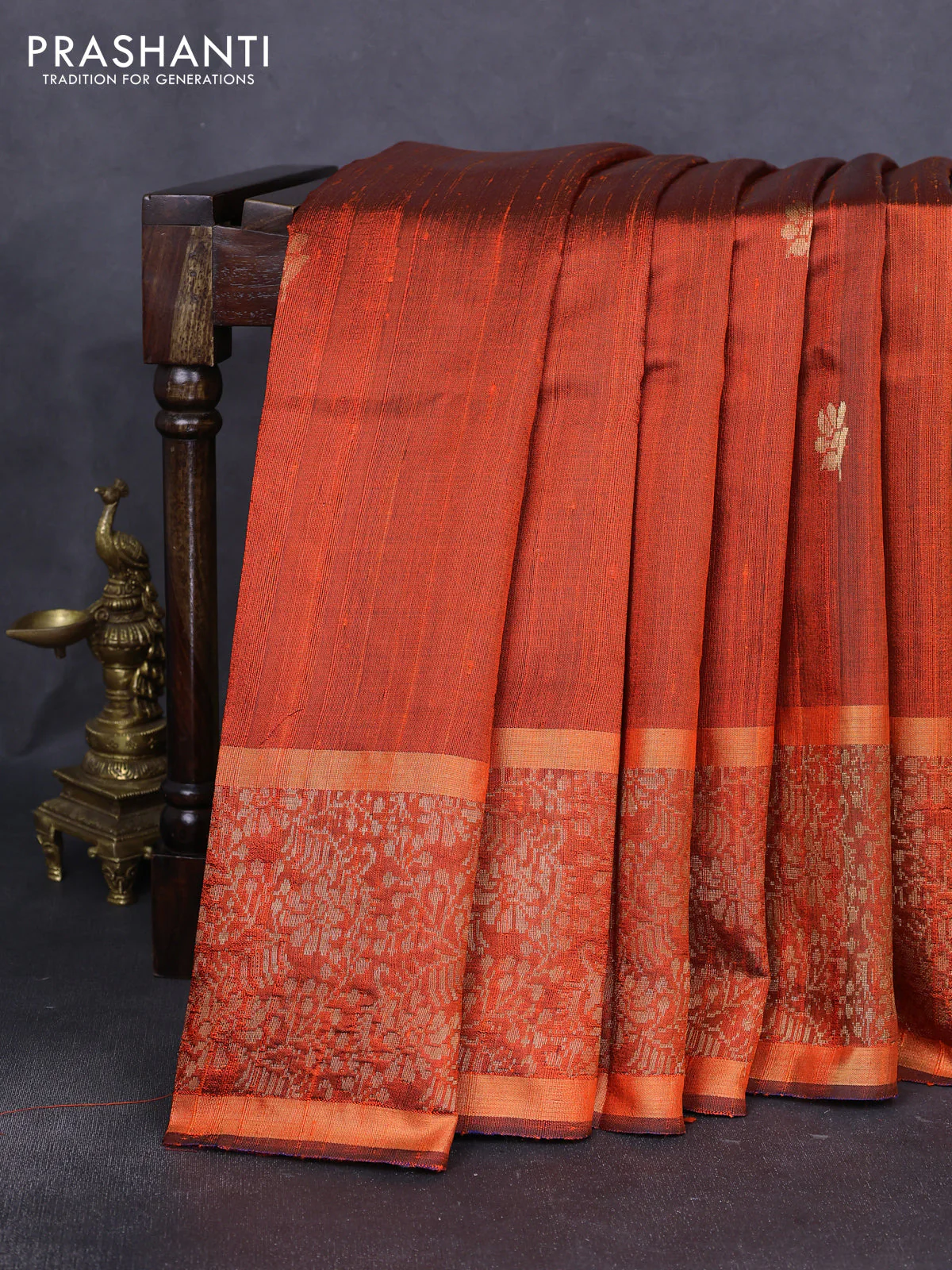 Pure dupion silk saree orange with zari woven buttas and long zari woven border