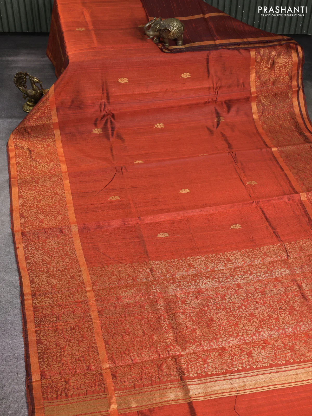 Pure dupion silk saree orange with zari woven buttas and long zari woven border - Image 2