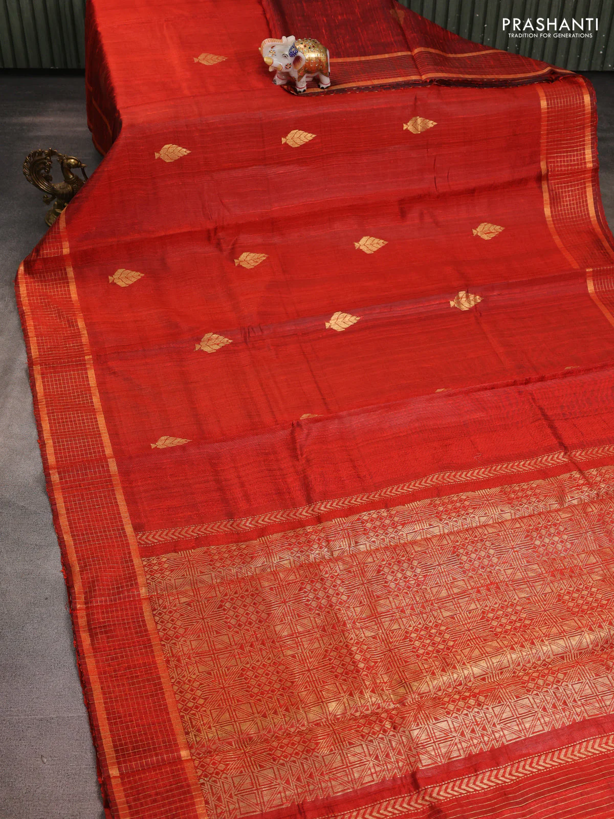 Pure dupion silk saree orange with zari woven buttas and zari woven border - Image 2
