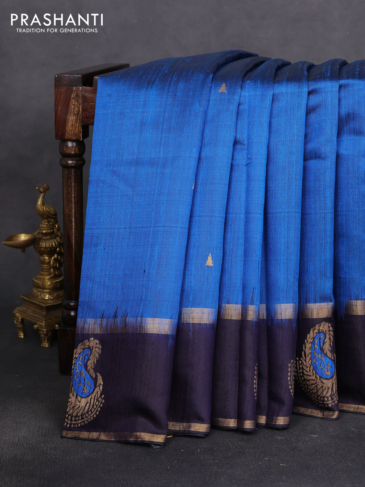 Pure dupion silk saree peacock blue and deep jamun with temple zari woven buttas and thread & zari woven paisley border