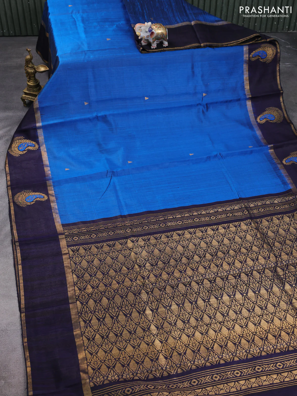 Pure dupion silk saree peacock blue and deep jamun with temple zari woven buttas and thread & zari woven paisley border - Image 2