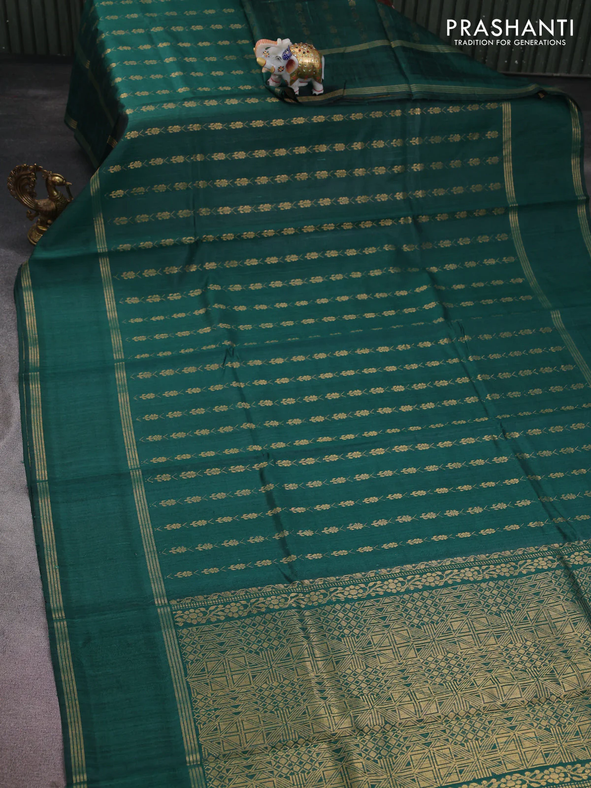 Pure dupion silk saree peacock green with allover zari weaves and rettapet zari woven border - Image 2