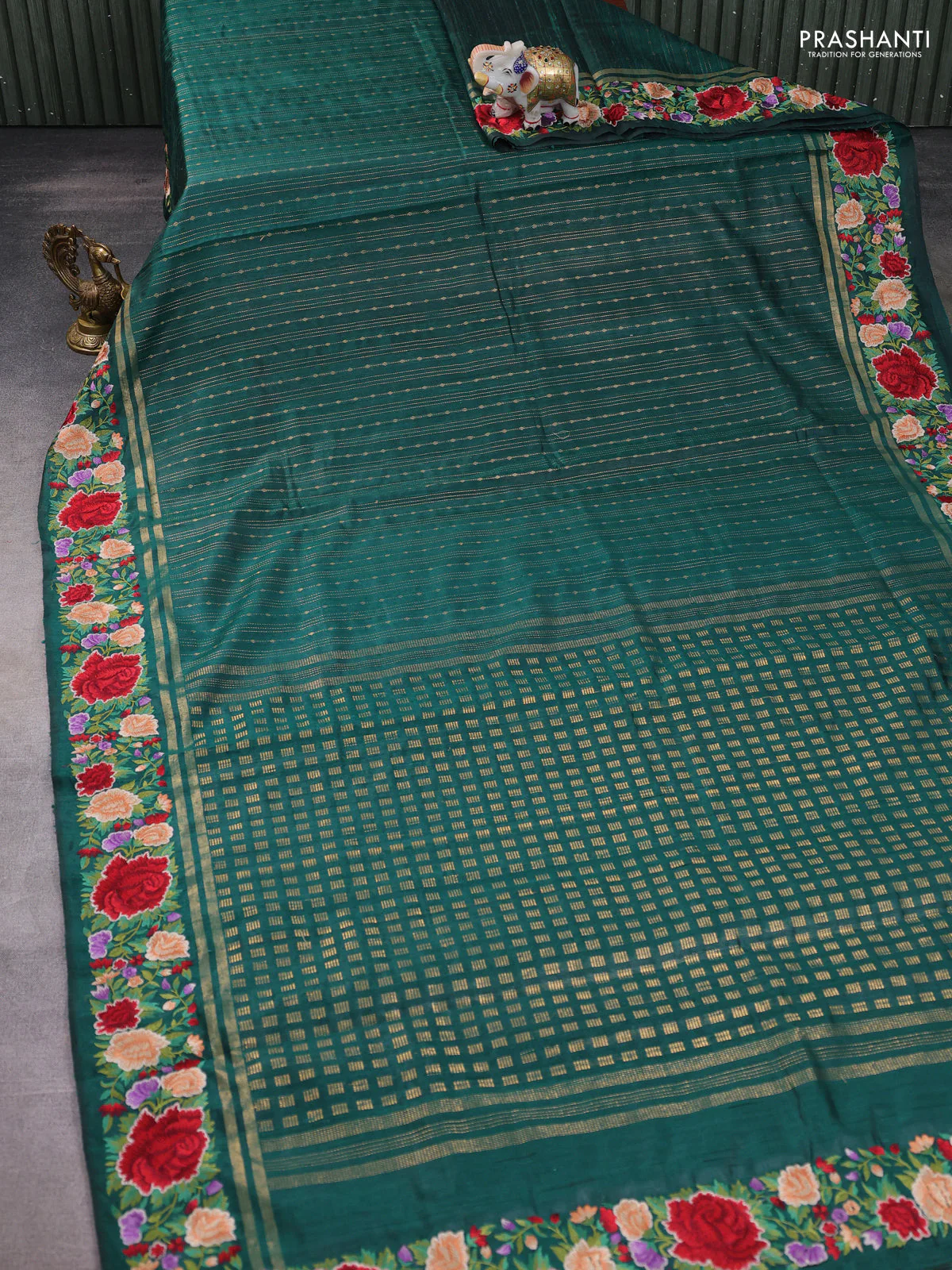 Pure dupion silk saree peacock green with allover zari weaves and zari woven floral embroidery border - Image 2
