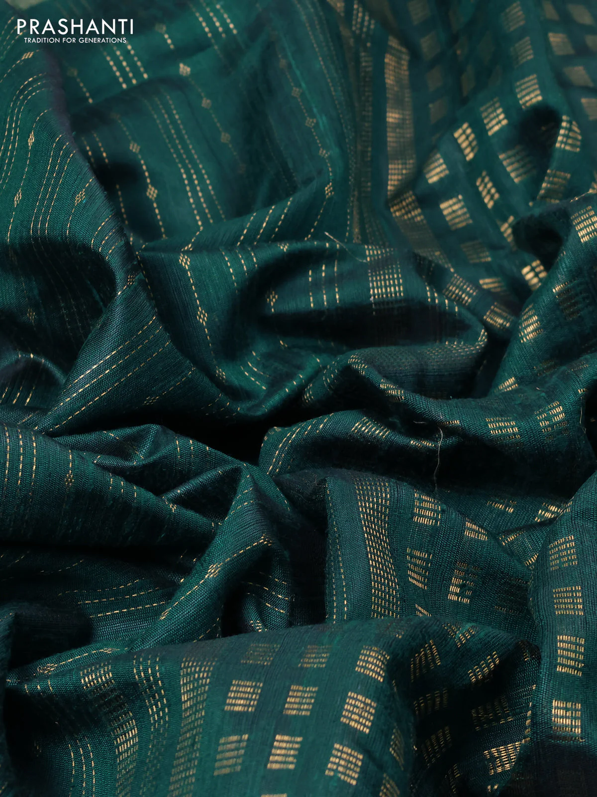 Pure dupion silk saree peacock green with allover zari weaves and zari woven floral embroidery border - Image 3