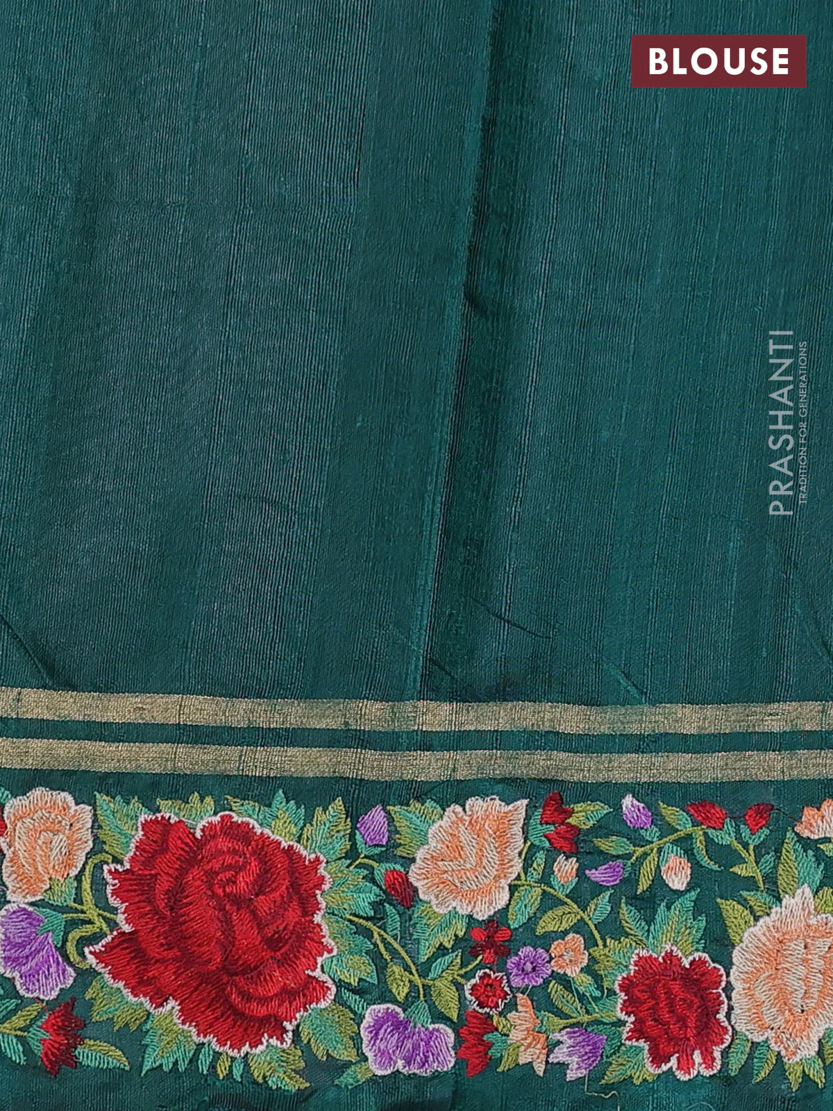 Pure dupion silk saree peacock green with allover zari weaves and zari woven floral embroidery border - Image 4