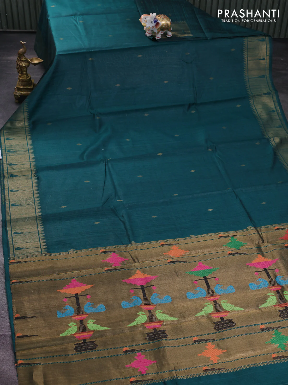Pure dupion silk saree peacock green with zari woven buttas and zari woven border - Image 2