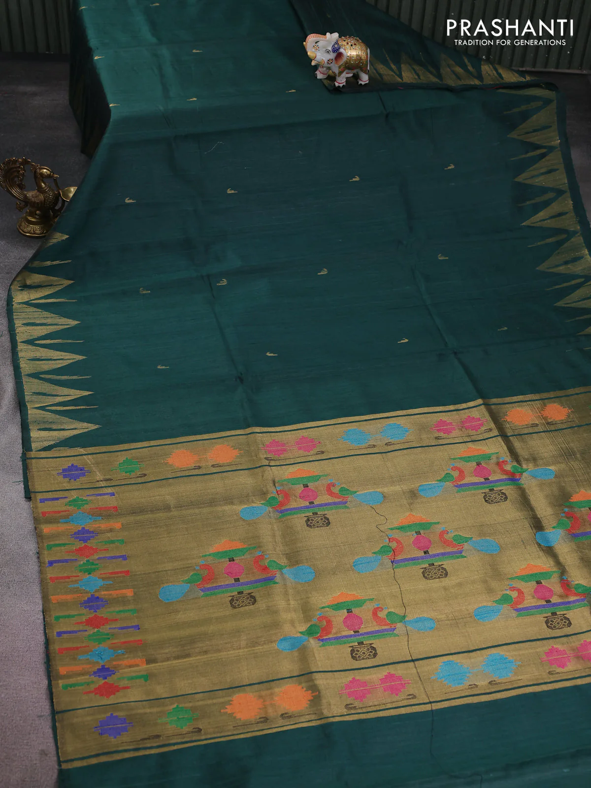 Pure dupion silk saree peacock green with zari woven muniya buttas and temple design zari woven border - Image 2