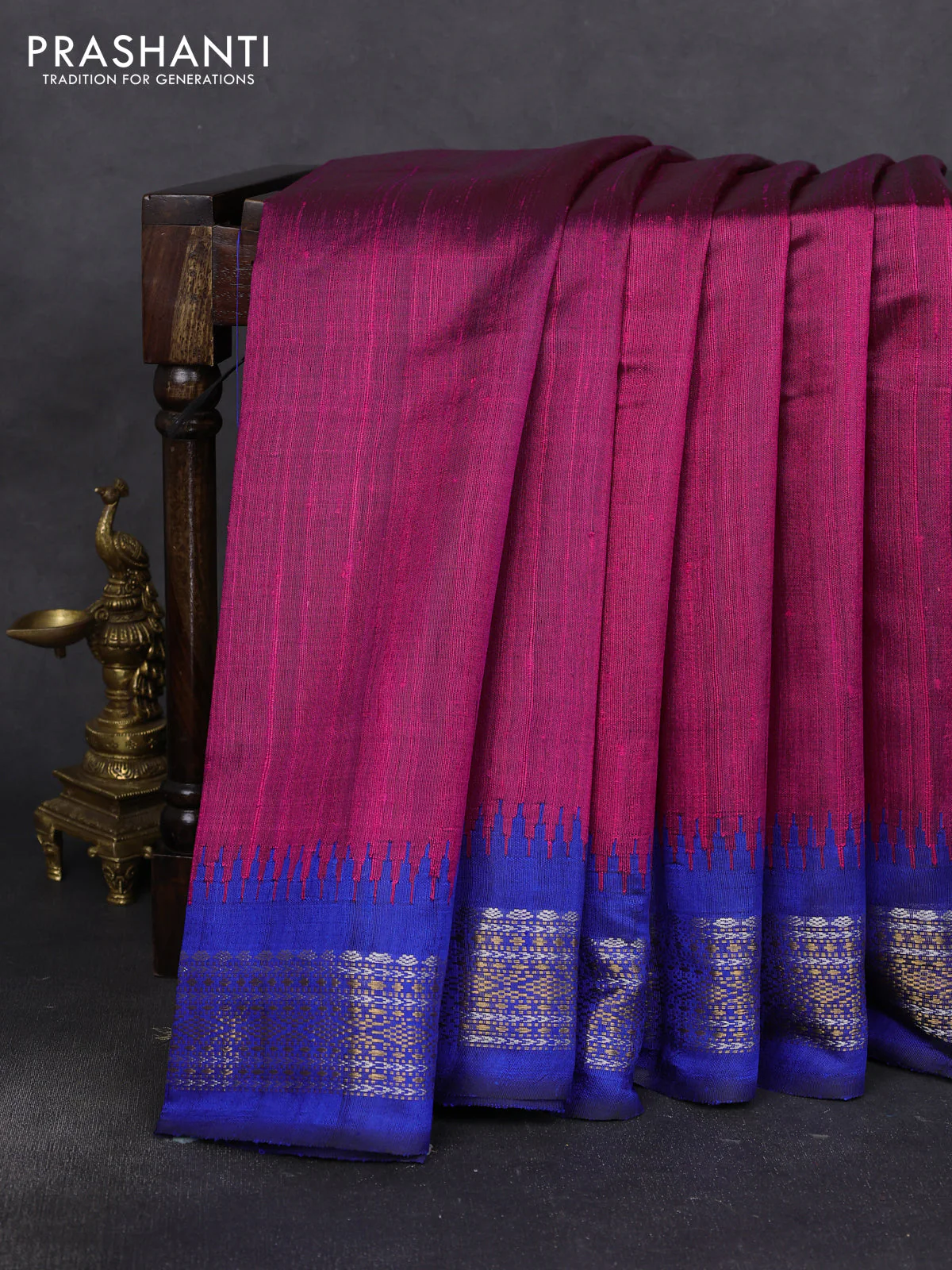 Pure dupion silk saree pink and blue with plain body and temple design zari woven border