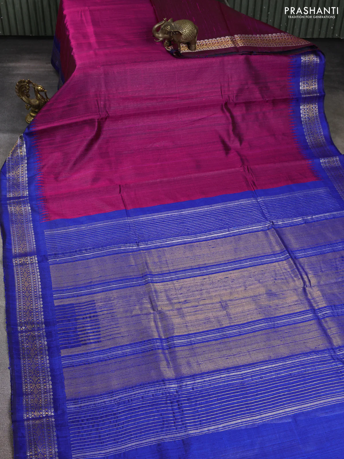 Pure dupion silk saree pink and blue with plain body and temple design zari woven border - Image 2