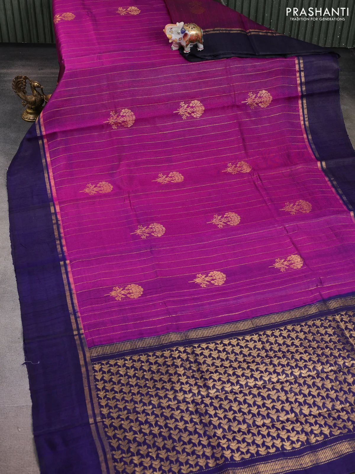 Pure dupion silk saree pink and navy blue with floral zari woven buttas and zari woven simple border - Image 2