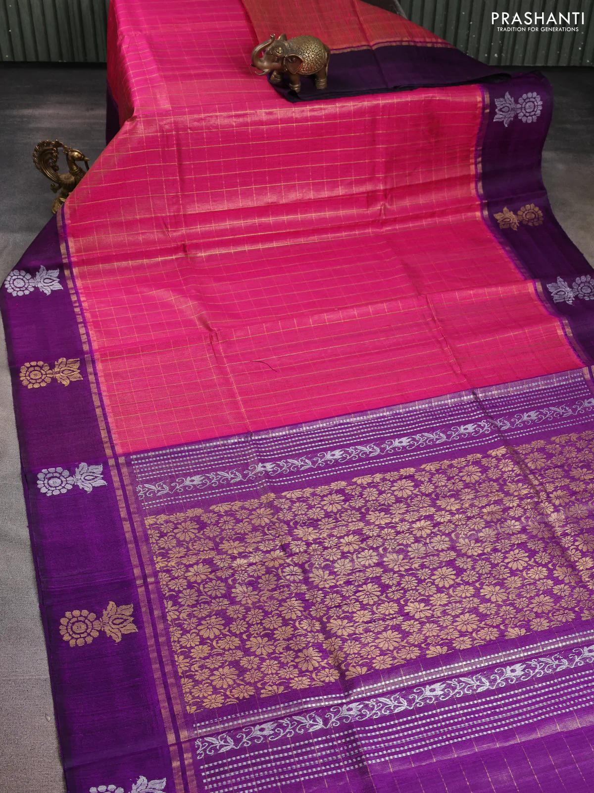 Pure dupion silk saree pink and purple with allover zari woven checked pattern and silver & gold zari woven butta border - Image 2