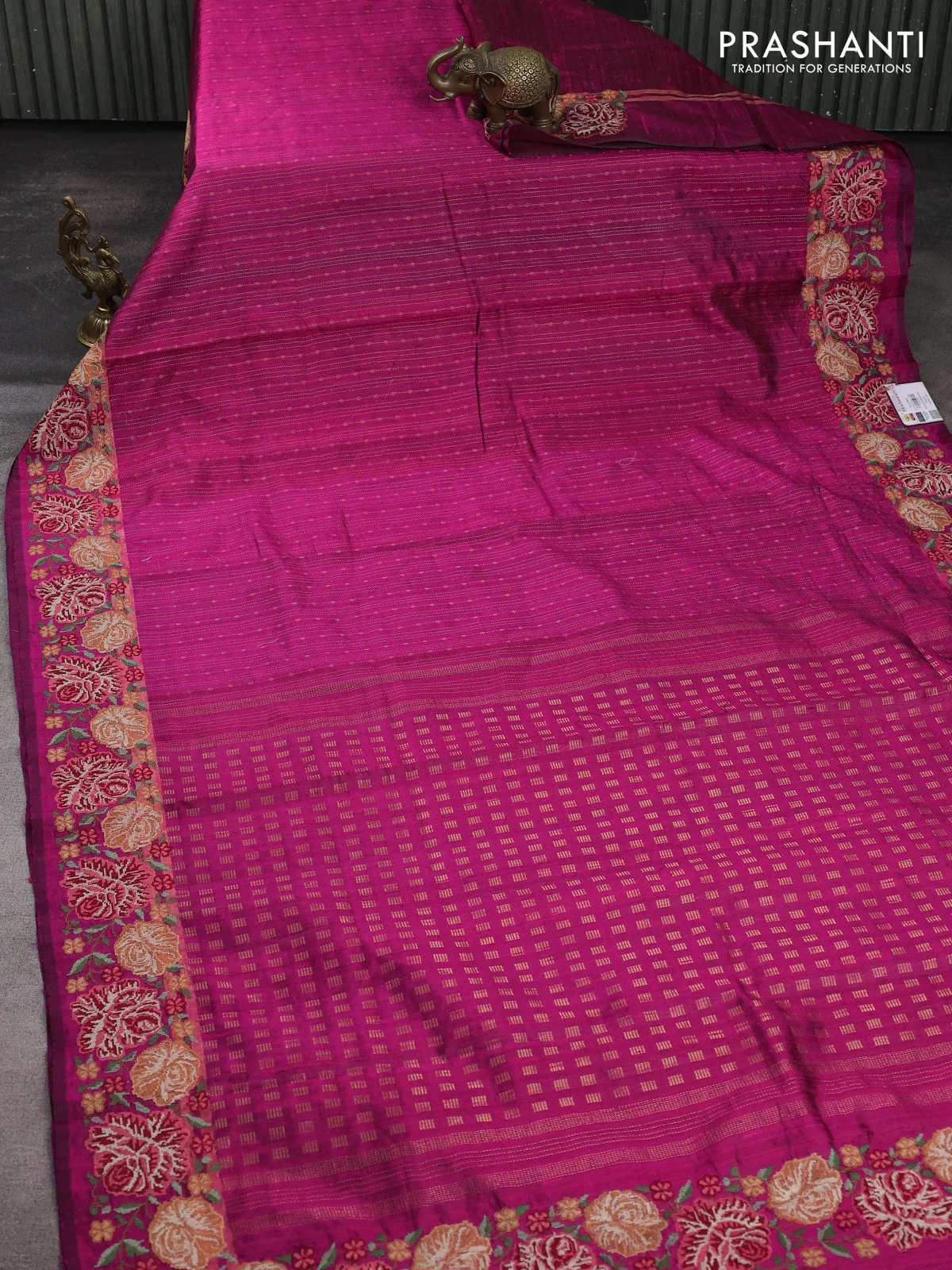 Pure dupion silk saree pink with allover zari weaves and zari woven floral embroidery border - Image 2