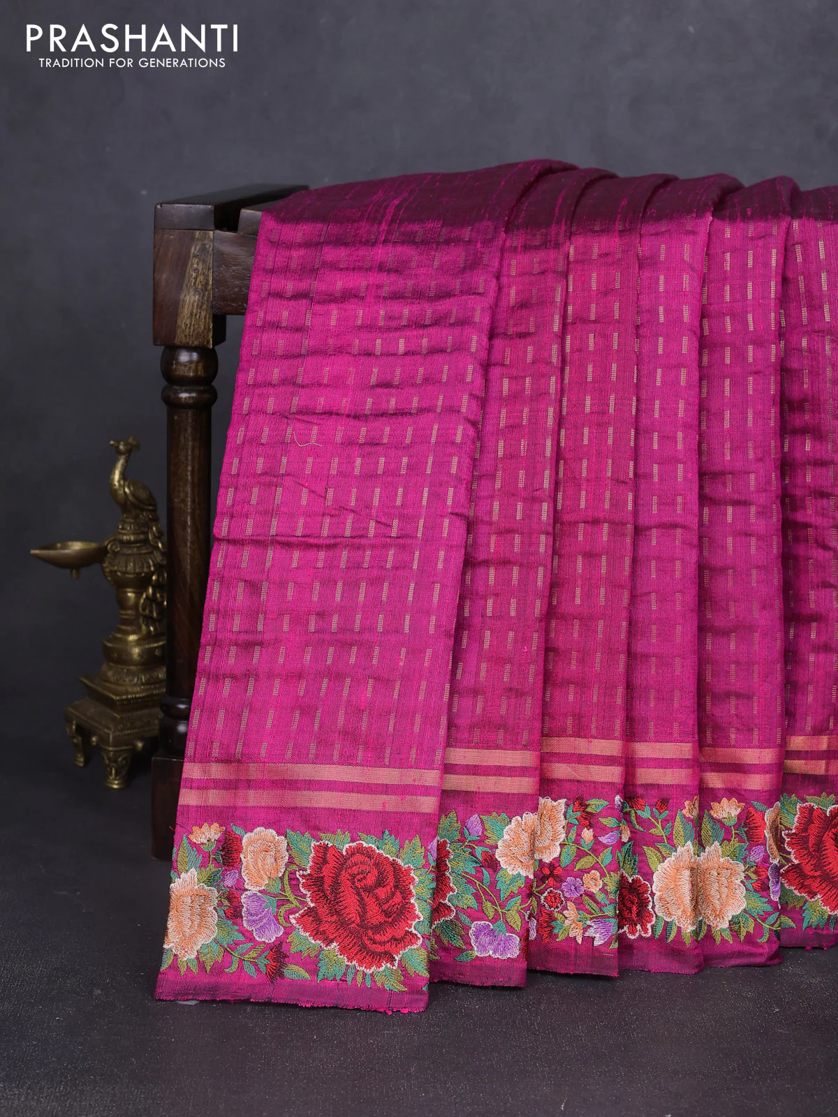 Pure dupion silk saree pink with allover zari woven butta weaves and zari woven floral embroidery border