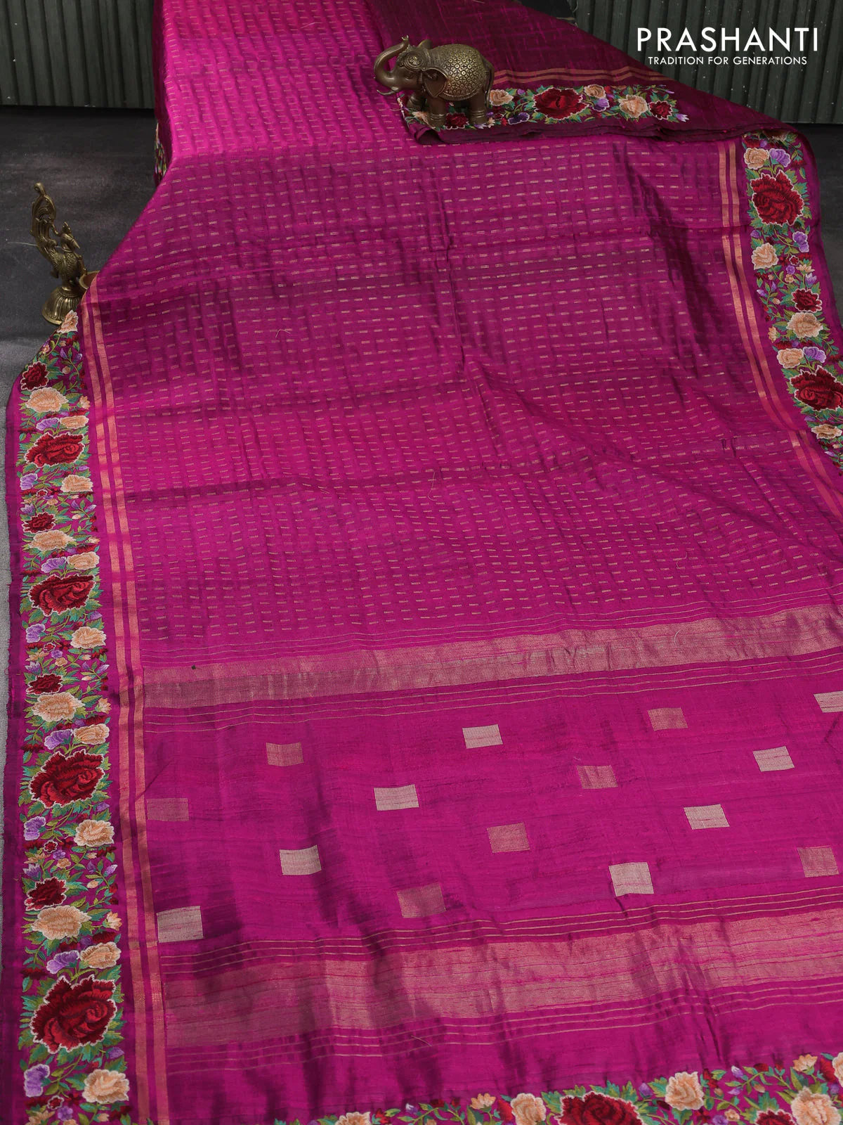 Pure dupion silk saree pink with allover zari woven butta weaves and zari woven floral embroidery border - Image 2
