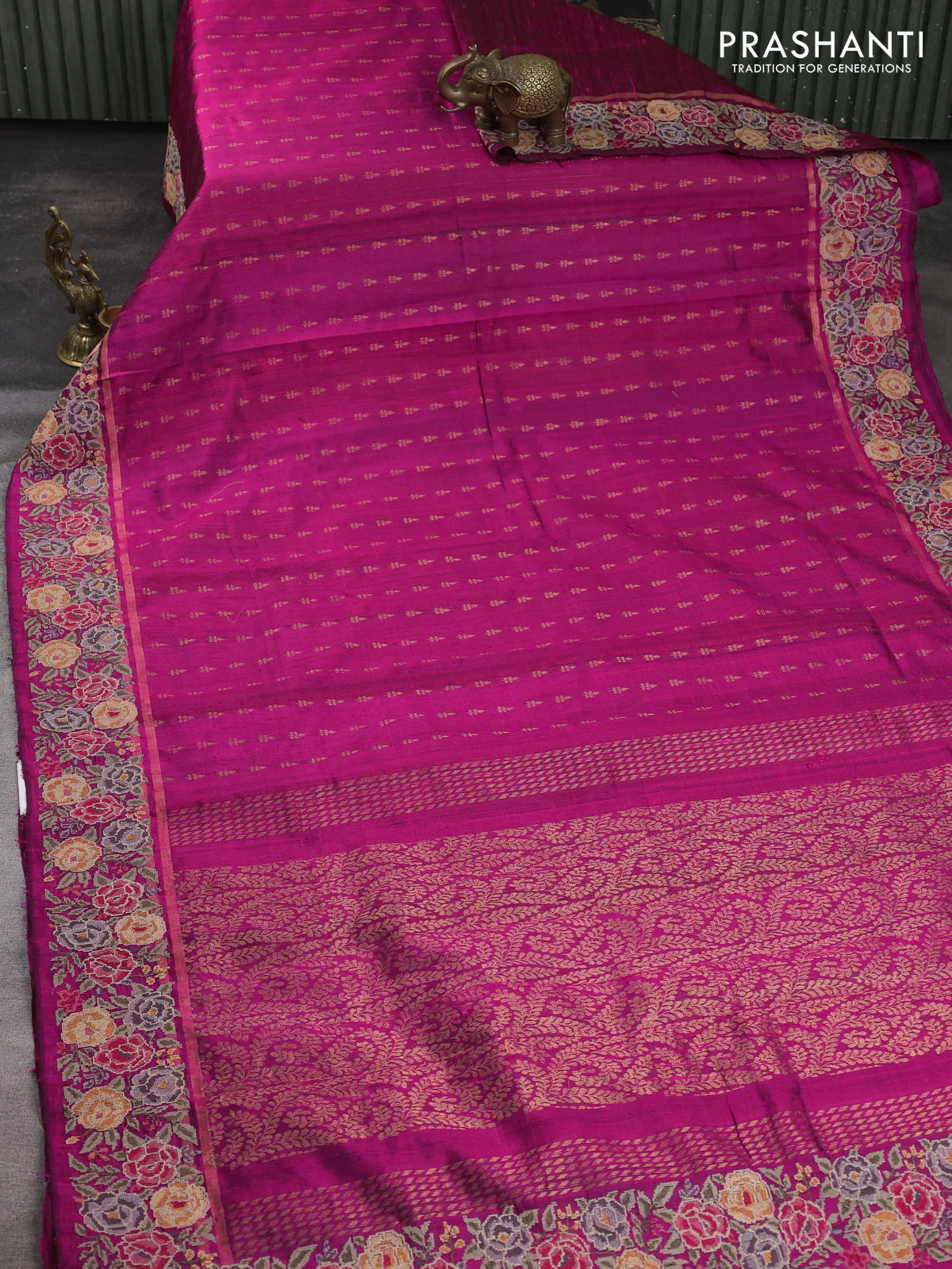 Pure dupion silk saree pink with allover zari woven buttas and zari woven floral embroidery border - Image 2