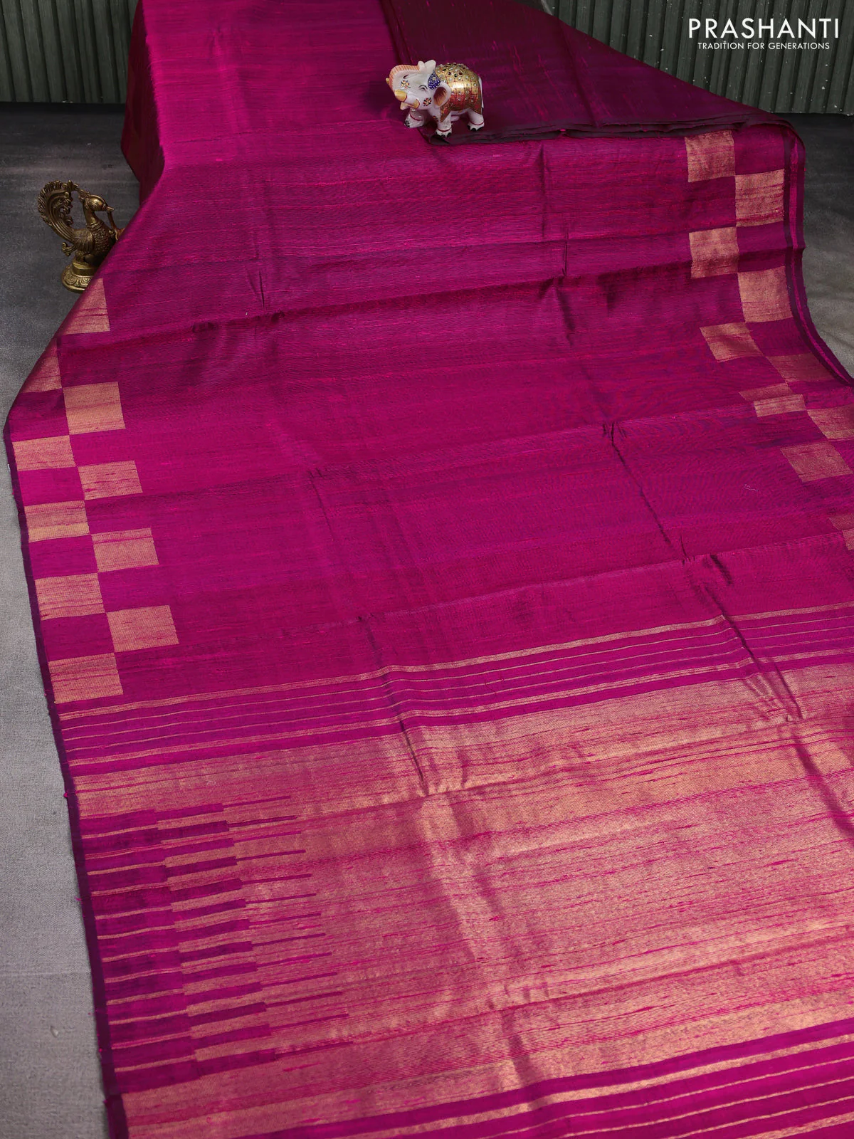 Pure dupion silk saree pink with plain body and zari woven border - Image 2