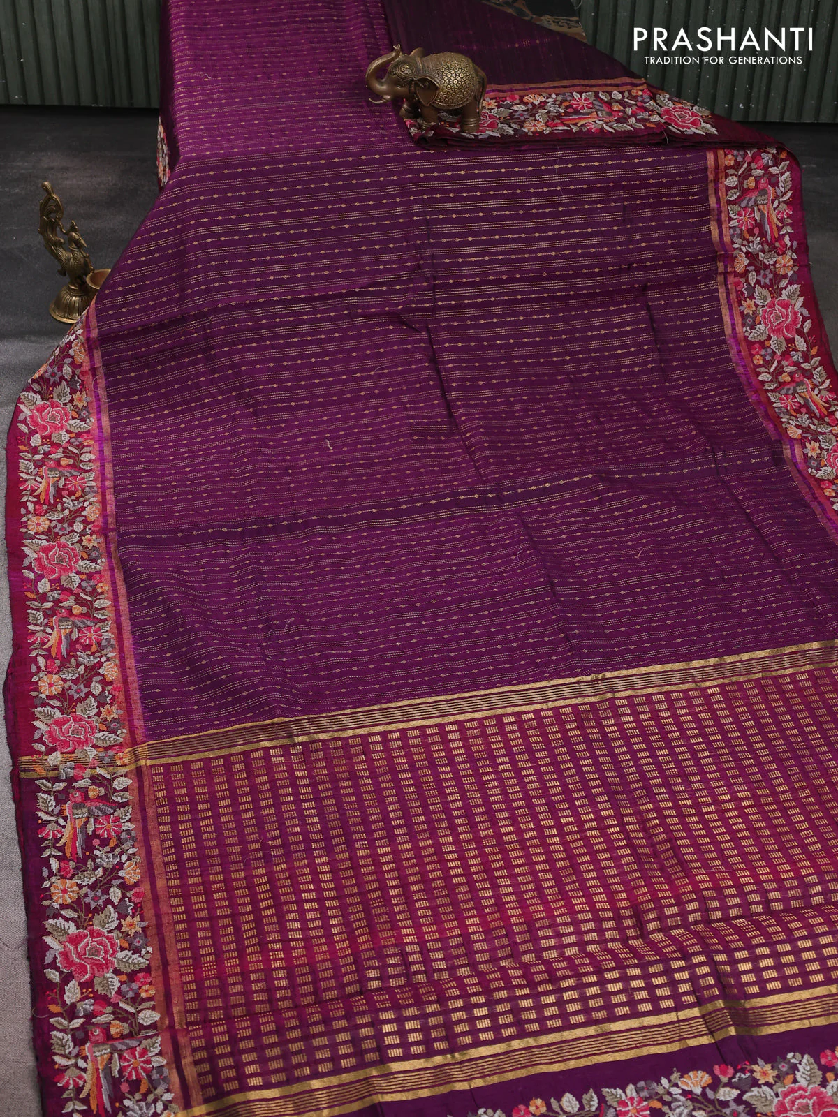Pure dupion silk saree purple and pink with allover zari weaves and zari woven embroidery border - Image 2