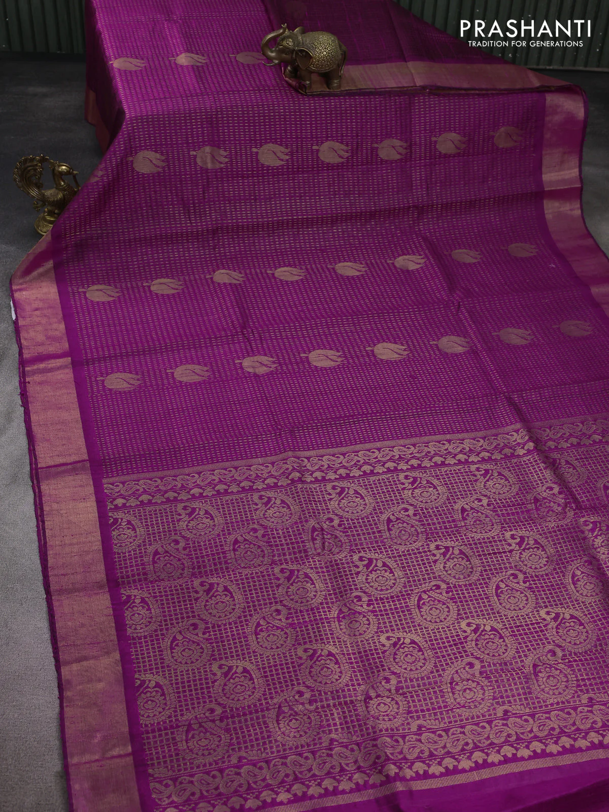 Pure dupion silk saree purple with allover zari weaves and zari woven border - Image 2