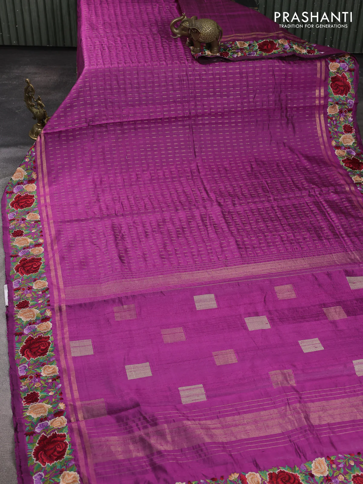 Pure dupion silk saree purple with allover zari weaves and zari woven floral embroidery border - Image 2
