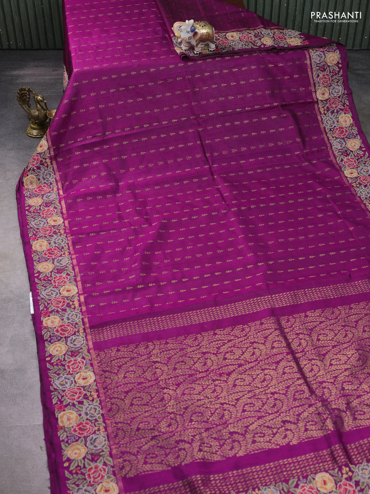 Pure dupion silk saree purple with allover zari woven buttas and zari woven floral embroidery border - Image 2