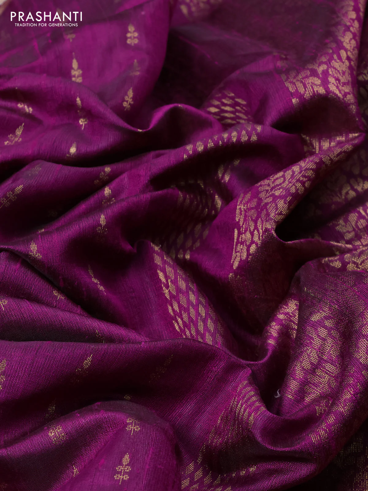 Pure dupion silk saree purple with allover zari woven buttas and zari woven floral embroidery border - Image 3