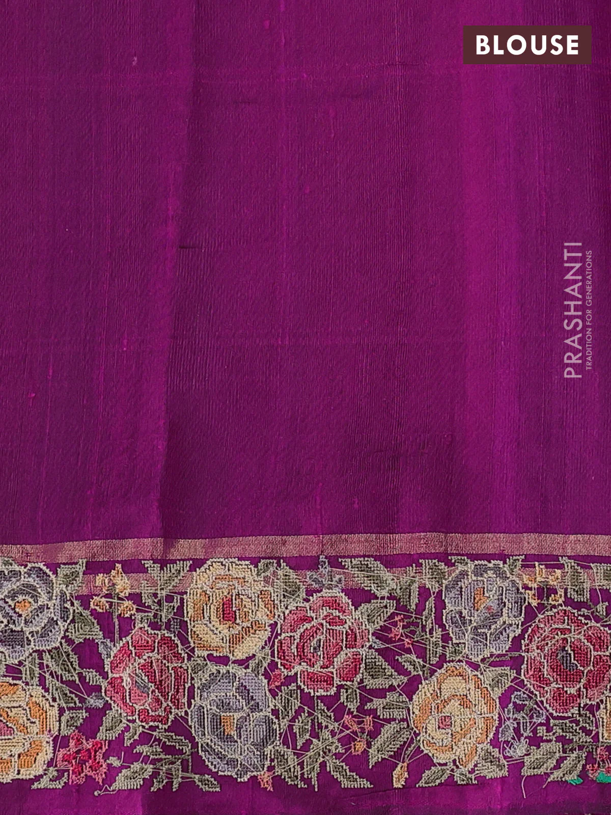 Pure dupion silk saree purple with allover zari woven buttas and zari woven floral embroidery border - Image 4