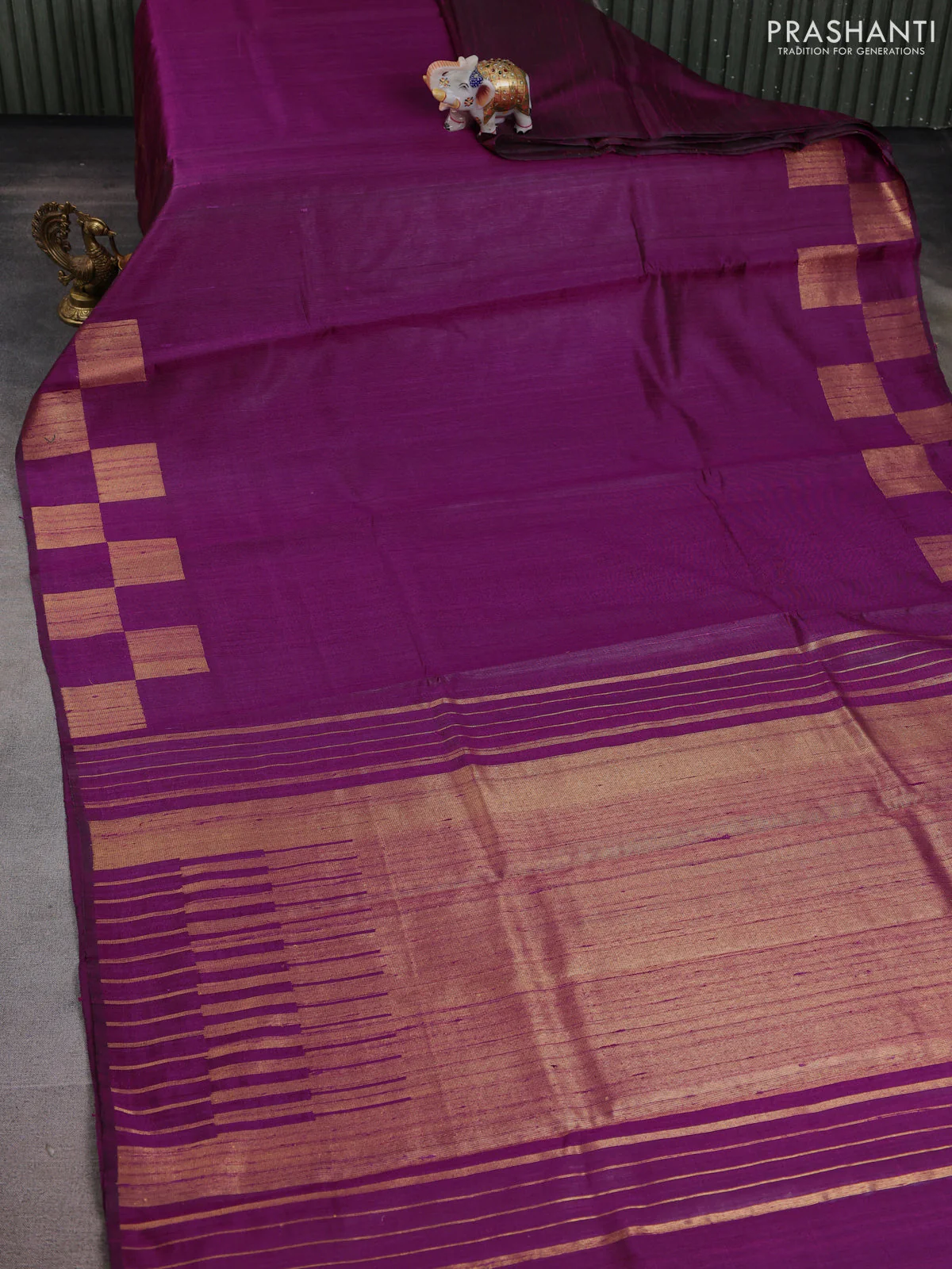 Pure dupion silk saree purple with plain body and zari woven border - Image 2