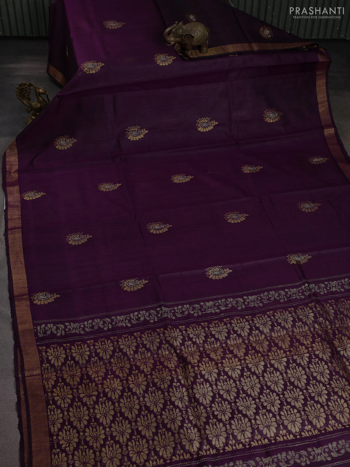 Pure dupion silk saree purple with thread & zari woven paisley buttas and zari woven border - Image 2