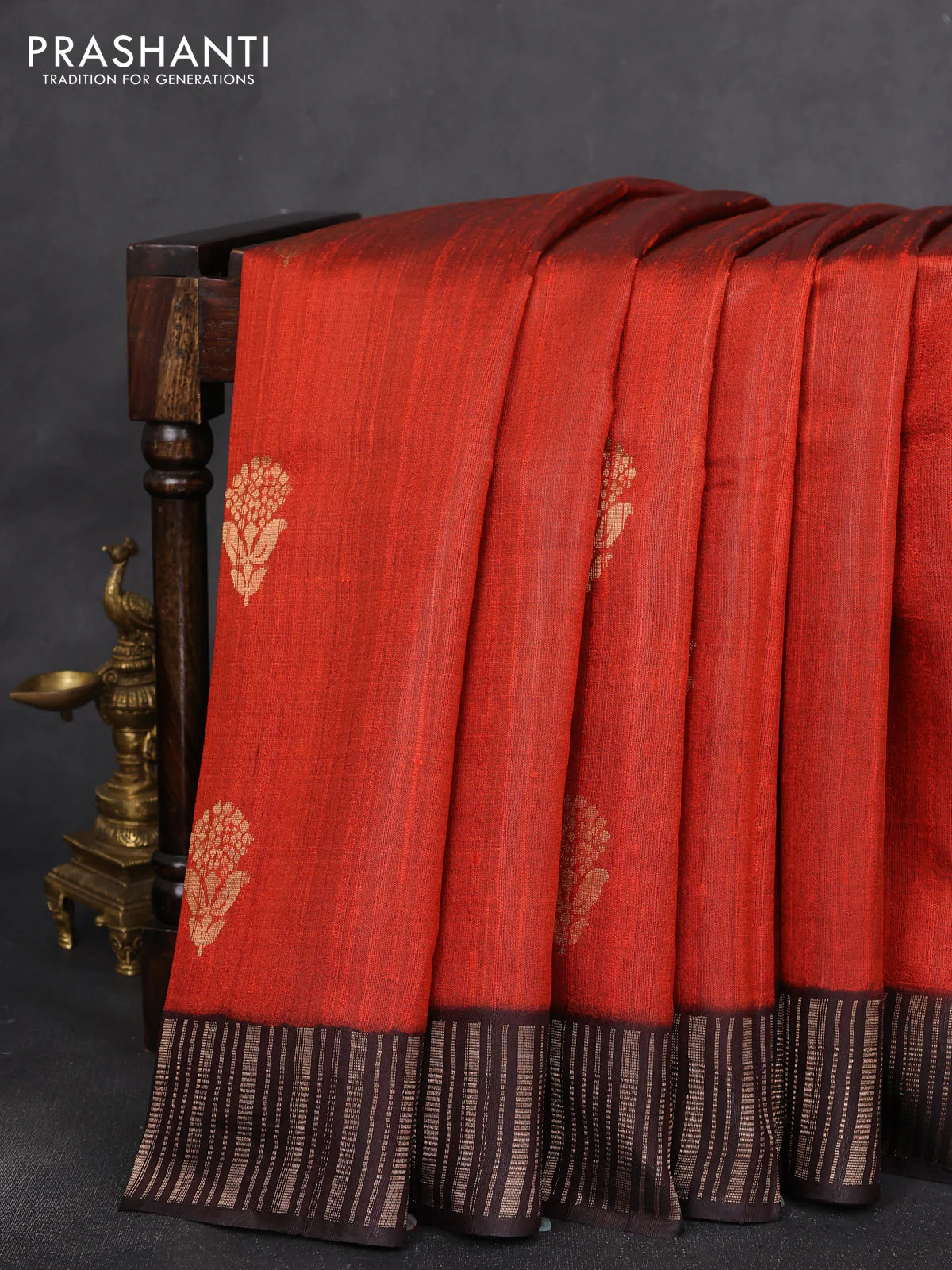 Pure dupion silk saree rust orange and deep jamun with floral zari woven buttas and zari woven border