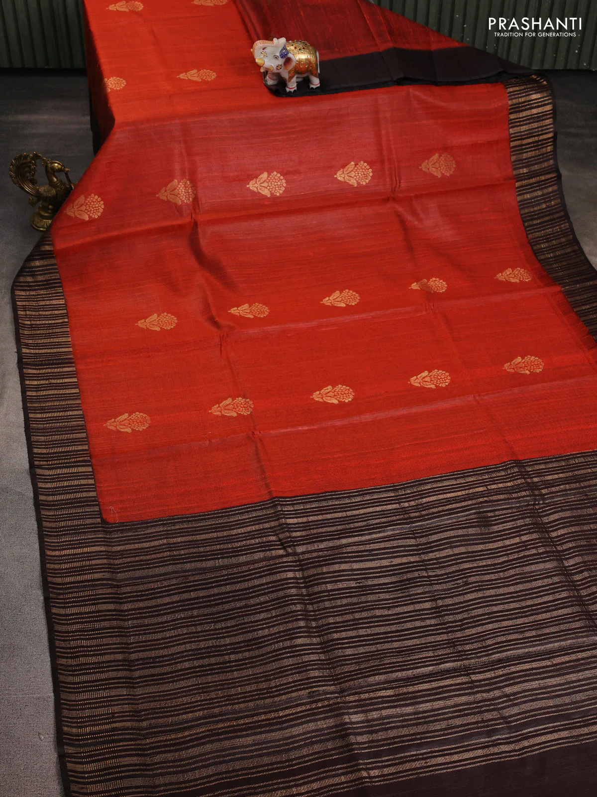 Pure dupion silk saree rust orange and deep jamun with floral zari woven buttas and zari woven border - Image 2