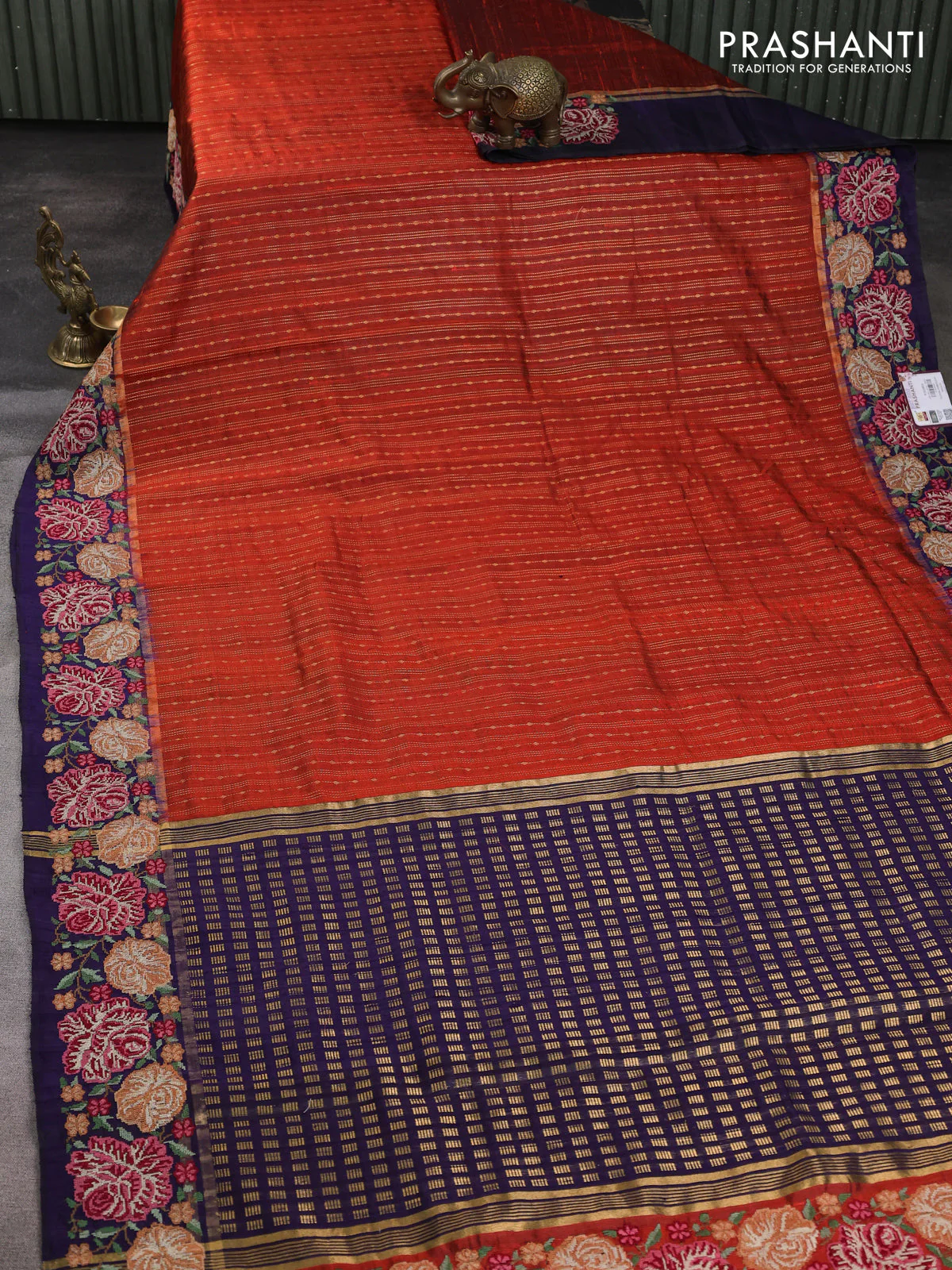 Pure dupion silk saree rustic orange and deep violet with allover zari weaves and zari woven floral embroidery border - Image 2