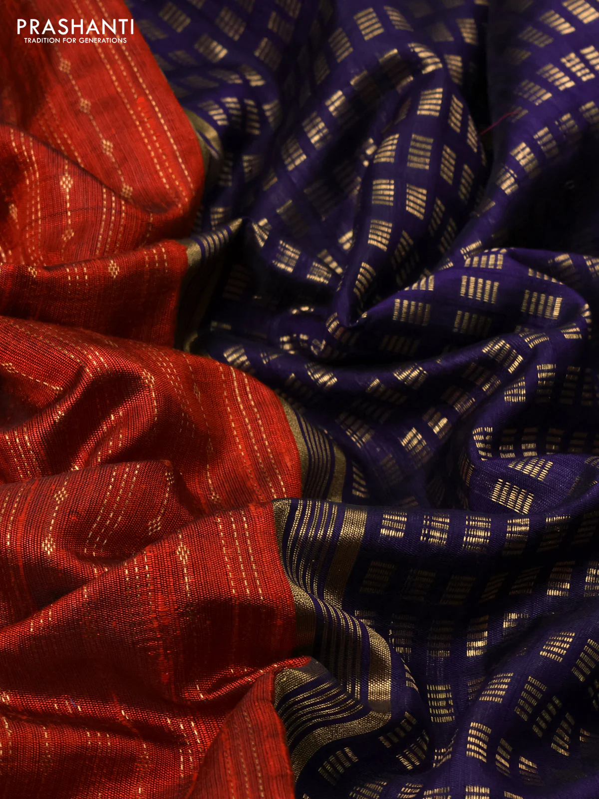 Pure dupion silk saree rustic orange and deep violet with allover zari weaves and zari woven floral embroidery border - Image 3