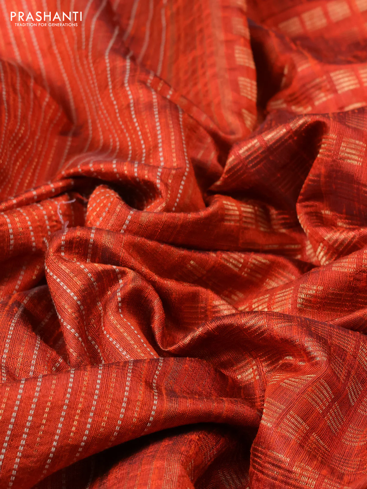 Pure dupion silk saree rustic orange with allover thread & zari weaves and ikat design embroidered border - Image 3