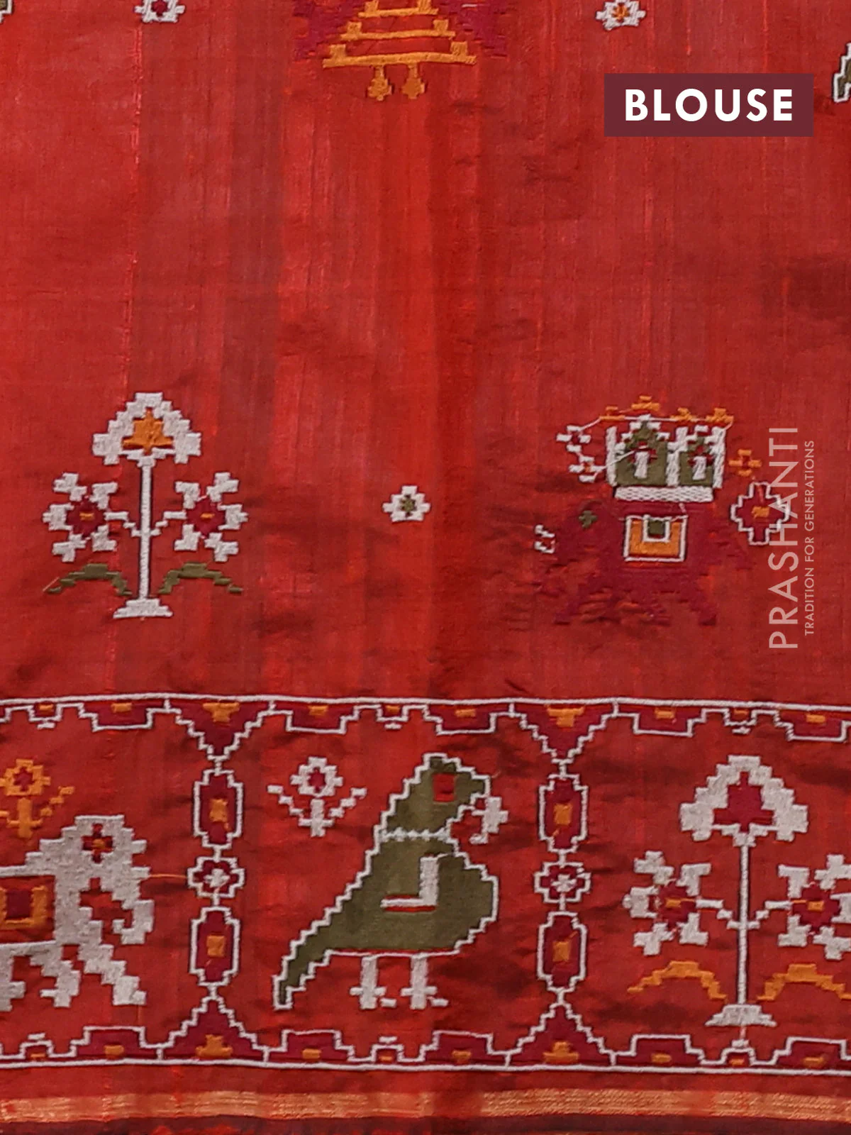 Pure dupion silk saree rustic orange with allover thread & zari weaves and ikat design embroidered border - Image 4