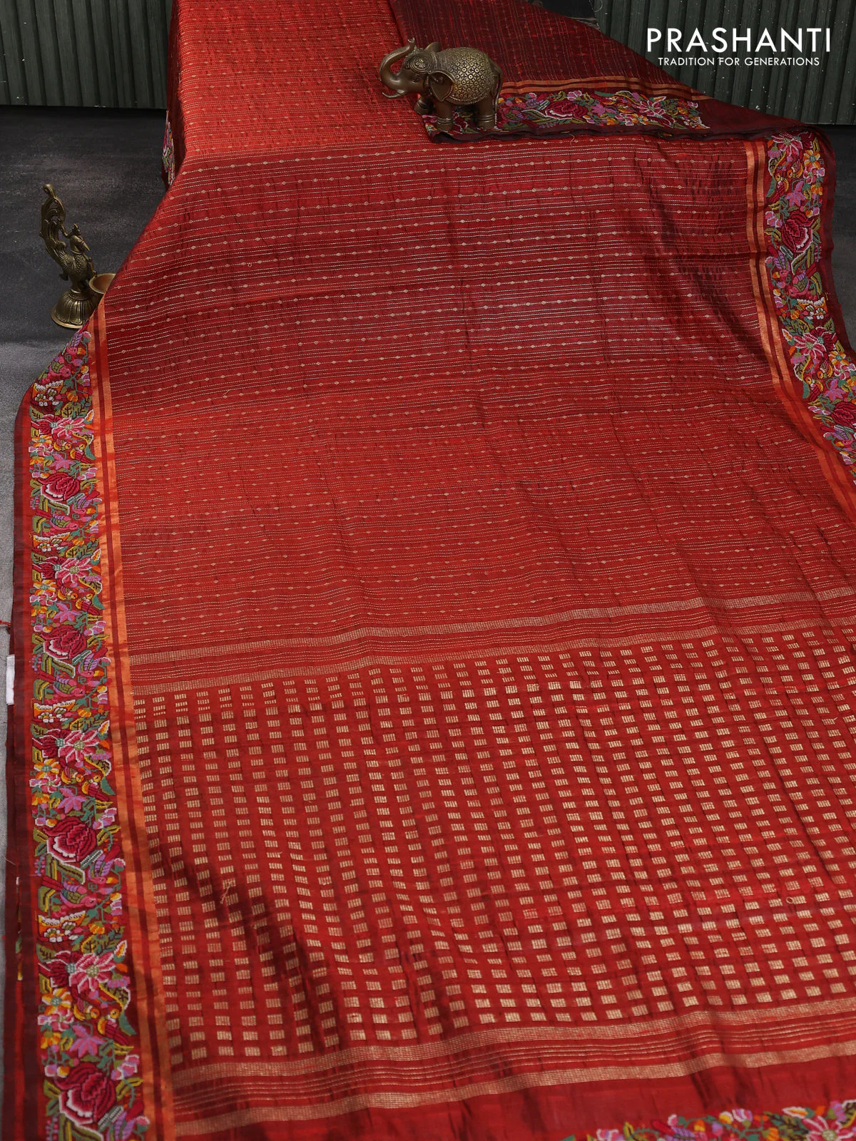 Pure dupion silk saree rustic orange with allover zari weaves and zari woven embroidery border - Image 2