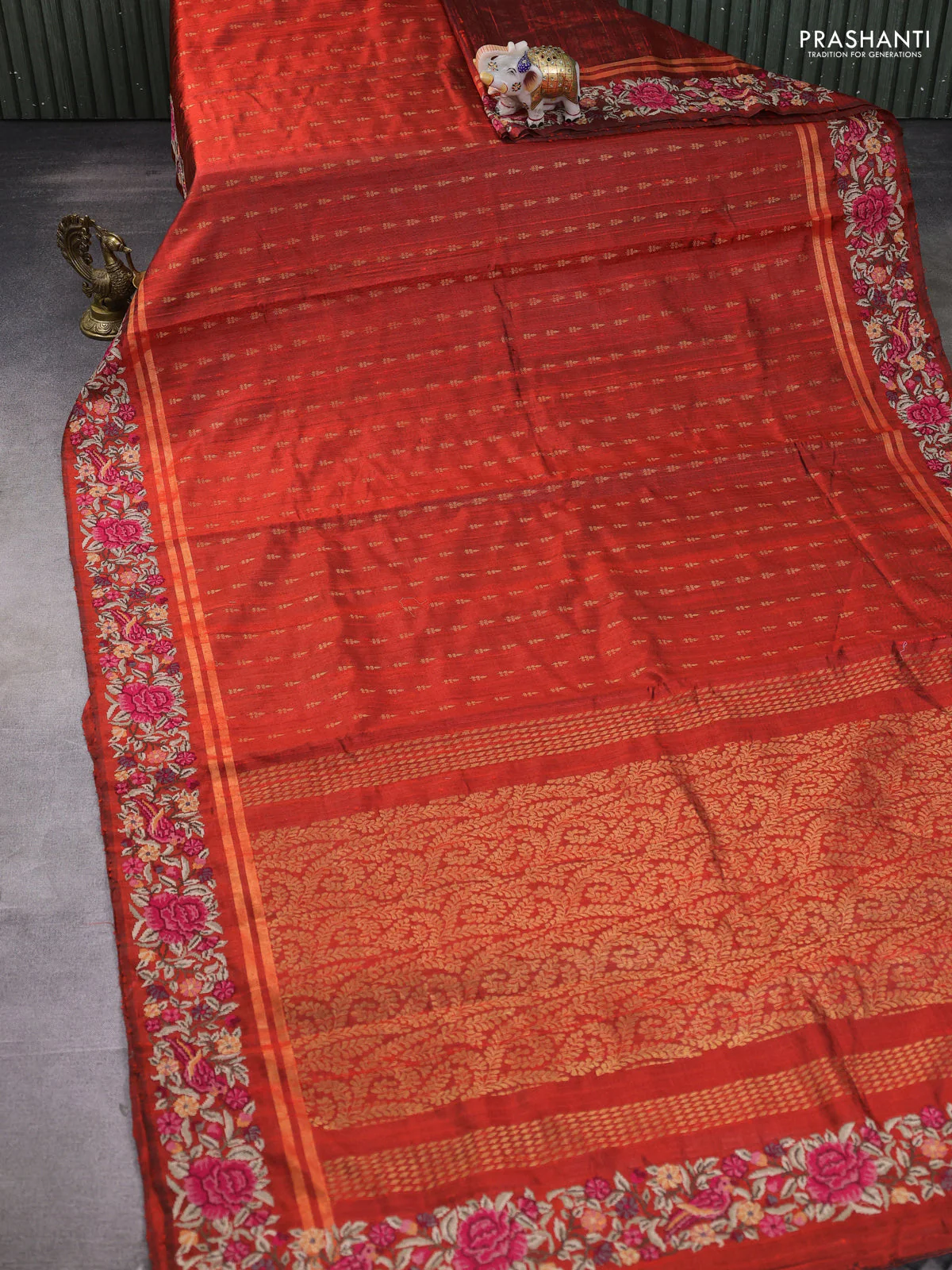 Pure dupion silk saree rustic orange with allover zari woven buttas and zari woven embroidery border - Image 2