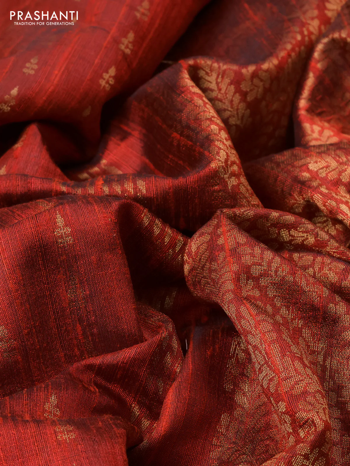 Pure dupion silk saree rustic orange with allover zari woven buttas and zari woven embroidery border - Image 3