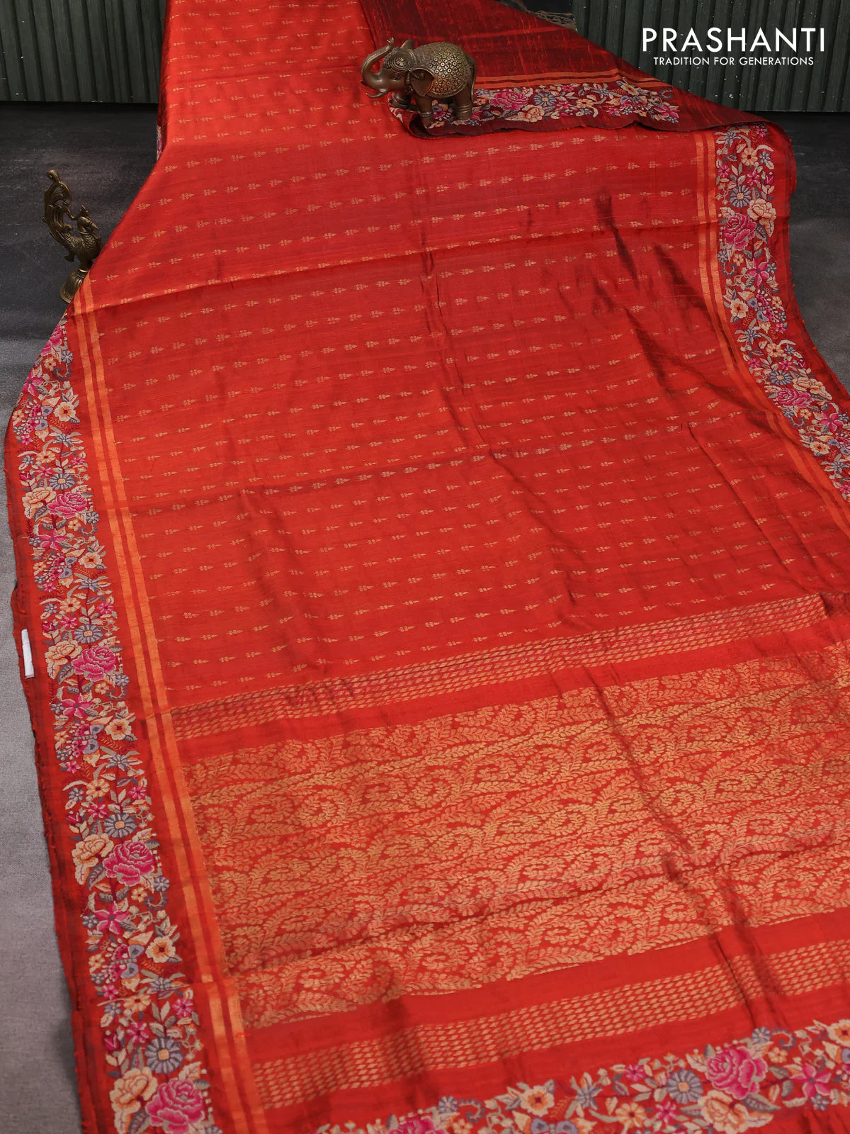 Pure dupion silk saree rustic orange with allover zari woven buttas and zari woven embroidery border - Image 2