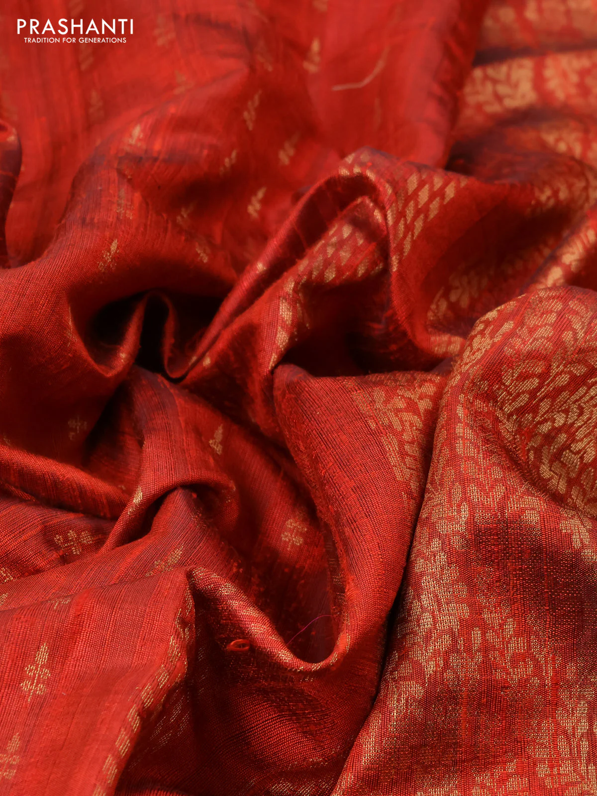 Pure dupion silk saree rustic orange with allover zari woven buttas and zari woven embroidery border - Image 3
