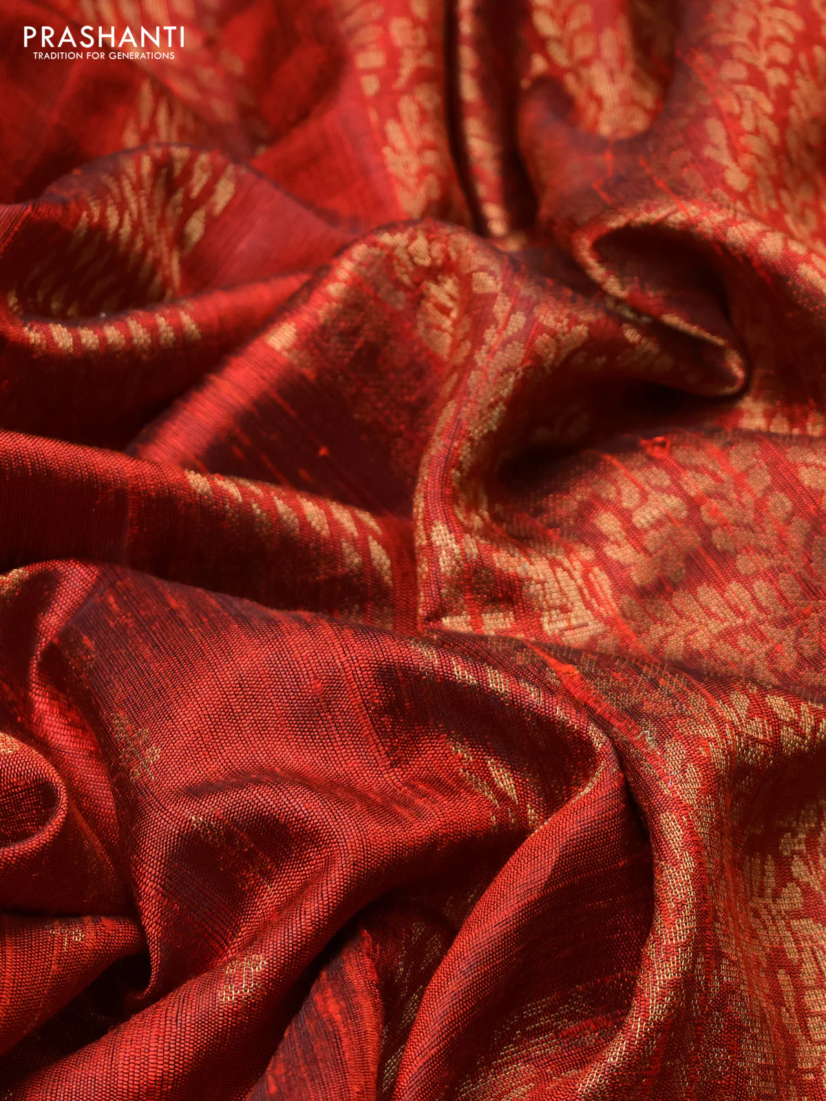 Pure dupion silk saree rustic orange with allover zari woven buttas and zari woven floral embroidery border - Image 3