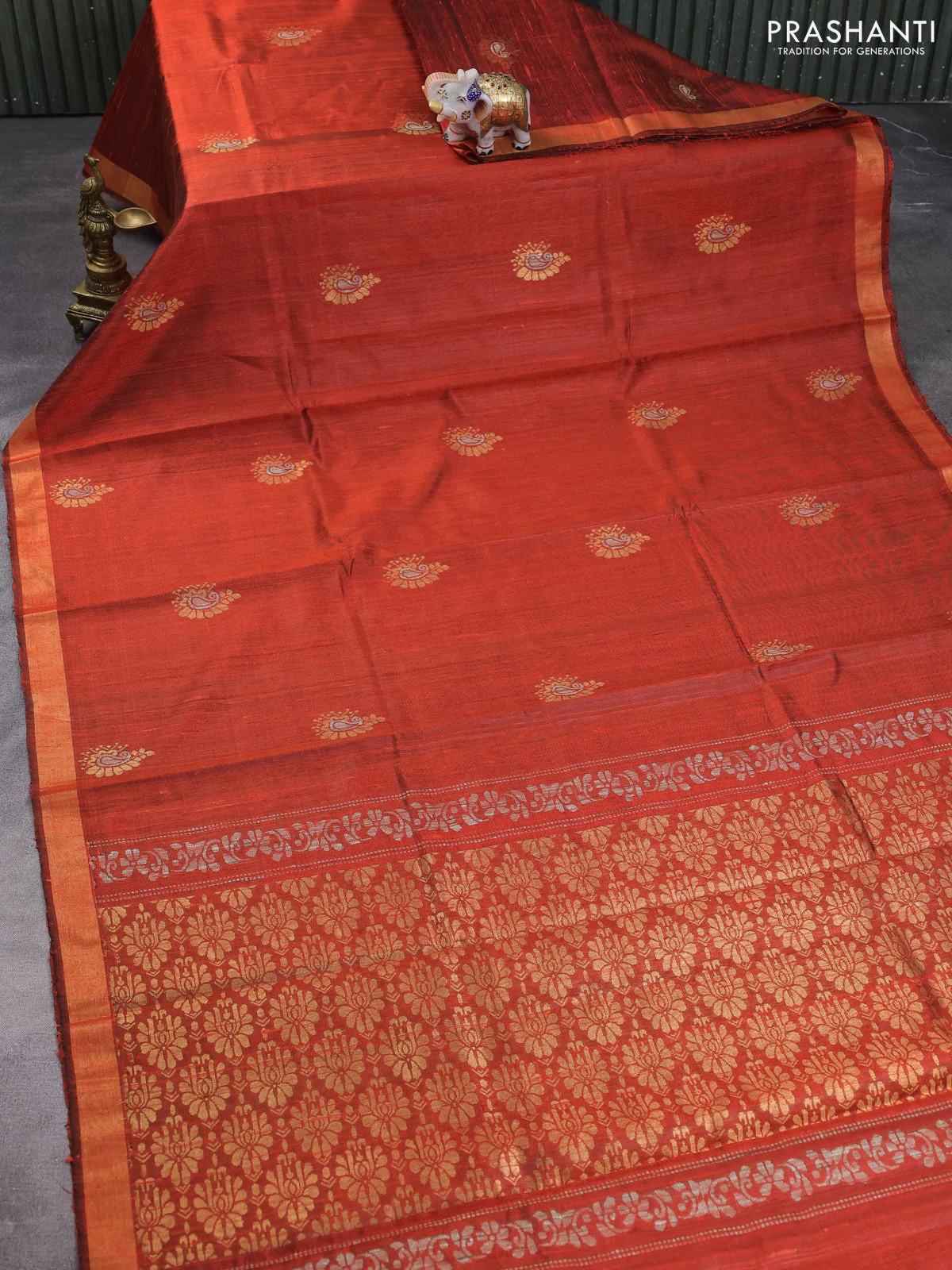 Pure dupion silk saree rustic orange with thread & zari woven paisley buttas and zari woven border - Image 2