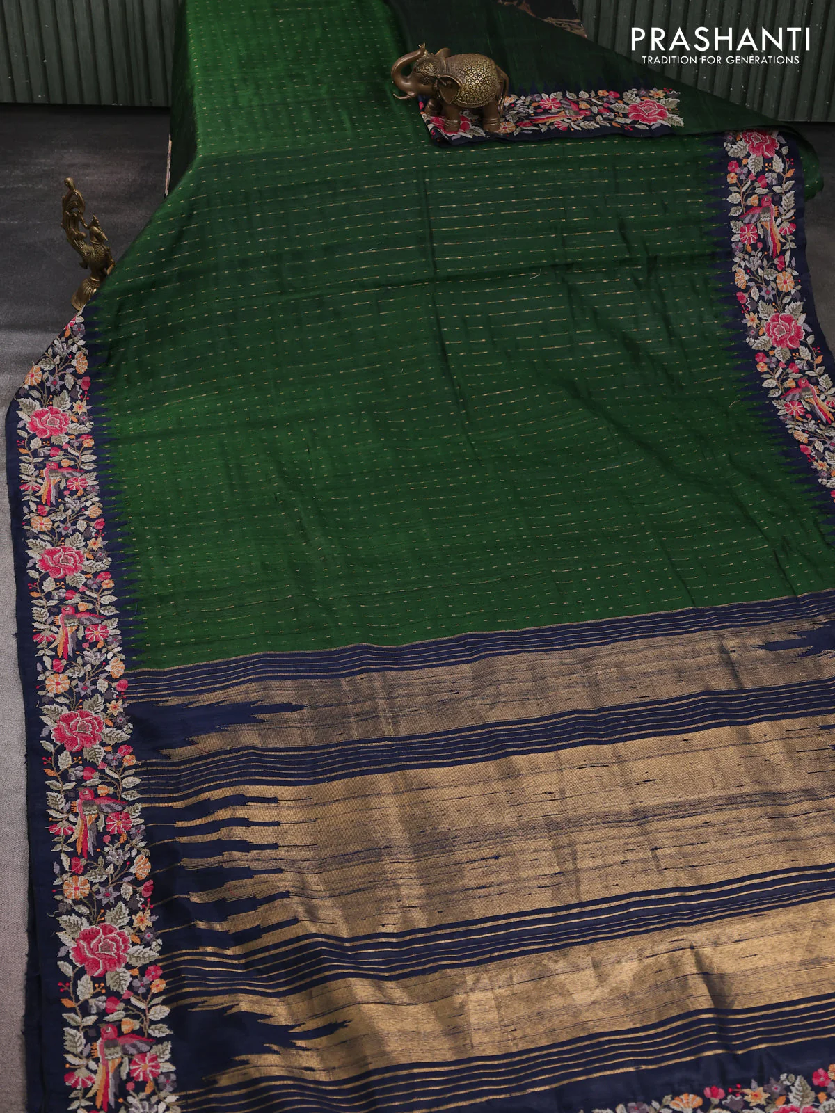 Pure dupion silk saree sap green and navy blue with allover zari woven buttas and temple design embroidery border - Image 2